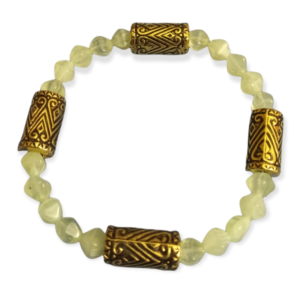 Hand crafted Jade and gold plated engraved beaded gemstone statement bracelet